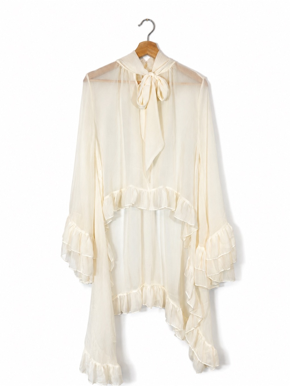 Sheer Ruffle Babydoll Blouse Twee Poncho Tie Neck Bow Long Sleeve Coquette OS